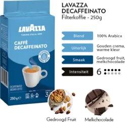 Lavazza Caffe Decaffeinato Filterkoffie - 250 Gram X8 11 Lavazza Caffe Decaffeinato Filterkoffie - 250 Gram X8 -Koffieproducten 1200x1177 2