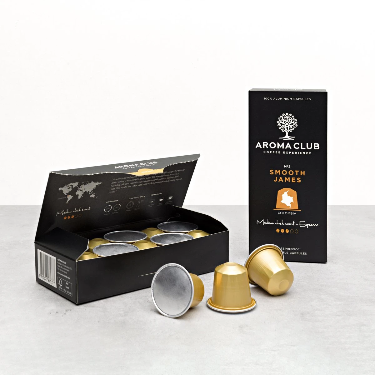 Aroma Club - Nespresso Compatible Capsules (120 St.) - No. 2 Smooth James - Intensiteit 3/5 - Espresso & Lungo - 100% Aluminium Koffiecups 4 Aroma Club - Nespresso Compatible Capsules (120 St.) - No. 2 Smooth James - Intensiteit 3/5 - Espresso & Lungo - 100% Aluminium Koffiecups - Afbeelding 2