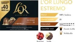 L'OR Lungo Estremo Koffiecups - Intensiteit 10/12 - 4 X 40 Capsules 11 L'OR Lungo Estremo Koffiecups - Intensiteit 10/12 - 4 X 40 Capsules -Koffieproducten 1200x676