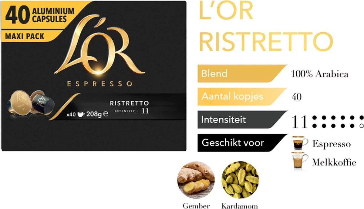 L'OR Espresso Ristretto Koffiecups - Intensiteit 11/12 - 4 X 40 Capsules 7 L'OR Espresso Ristretto Koffiecups - Intensiteit 11/12 - 4 X 40 Capsules - Afbeelding 5
