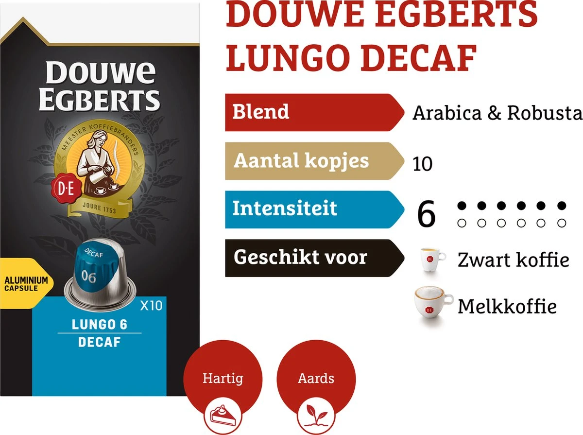 Douwe Egberts Lungo Decaf Koffiecups - Intensiteit 6/12 - 10 X 10 Capsules 6 Douwe Egberts Lungo Decaf Koffiecups - Intensiteit 6/12 - 10 X 10 Capsules - Afbeelding 4