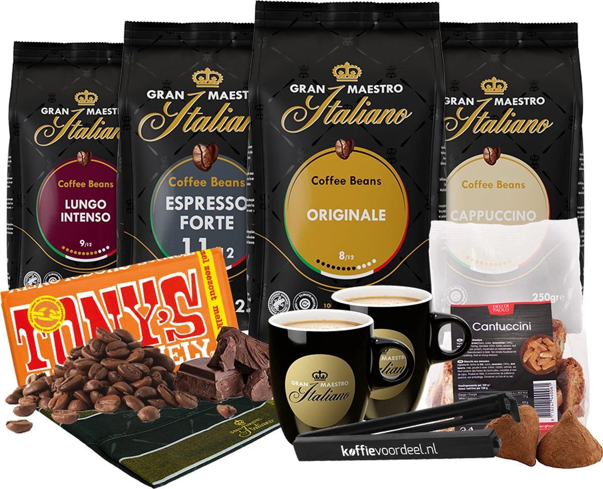 Gran Maestro Italiano - Koffiebonen Proefpakket - Koffie Cadeaupakket - 4 Soorten Koffie, Tony's Chocolonely Karamel Zeezout, Cantuccini Koekjes En Bekers 3 Gran Maestro Italiano - Koffiebonen Proefpakket - Koffie Cadeaupakket - 4 Soorten Koffie, Tony's Chocolonely Karamel Zeezout, Cantuccini Koekjes En Bekers