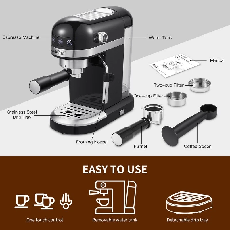 1350W 2 Cup Black Espresso Machine 20 Bar Compact Coffee Maker 3 1350W 2 Cup Black Espresso Machine 20 Bar Compact Coffee Maker