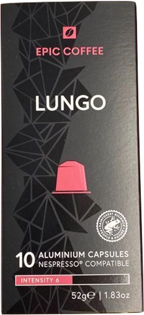 100 Capsules Epic Coffee - Lungo - Nespresso® Compatible Aluminium Capsules - RFA Keurmerk - Doos 100 Stuks 4 100 Capsules Epic Coffee - Lungo - Nespresso® Compatible Aluminium Capsules - RFA Keurmerk - Doos 100 Stuks - Afbeelding 2