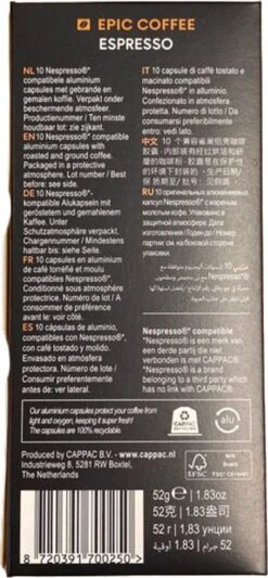 100 Capsules Epic Coffee - Espresso - Nespresso® Compatible Aluminium Capsules - RFA Keurmerk - Doos 100 Stuks 15 100 Capsules Epic Coffee - Espresso - Nespresso® Compatible Aluminium Capsules - RFA Keurmerk - Doos 100 Stuks -Koffieproducten 556x1200