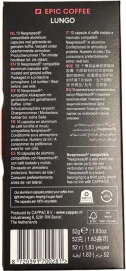 100 Capsules Epic Coffee - Lungo - Nespresso® Compatible Aluminium Capsules - RFA Keurmerk - Doos 100 Stuks 17 100 Capsules Epic Coffee - Lungo - Nespresso® Compatible Aluminium Capsules - RFA Keurmerk - Doos 100 Stuks -Koffieproducten 560x1200