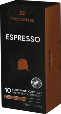 Koffieproducten 23 100 Capsules Epic Coffee - Espresso - Nespresso® Compatible Aluminium Capsules - RFA Keurmerk - Doos 100 Stuks