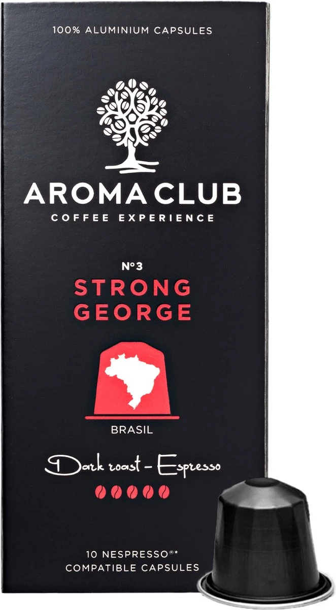 Aroma Club - Nespresso Compatible Capsules (120 St.) - No. 3 Strong George - Intensiteit 5/5 - Espresso - 100% Aluminium Koffiecups 3 Aroma Club - Nespresso Compatible Capsules (120 St.) - No. 3 Strong George - Intensiteit 5/5 - Espresso - 100% Aluminium Koffiecups