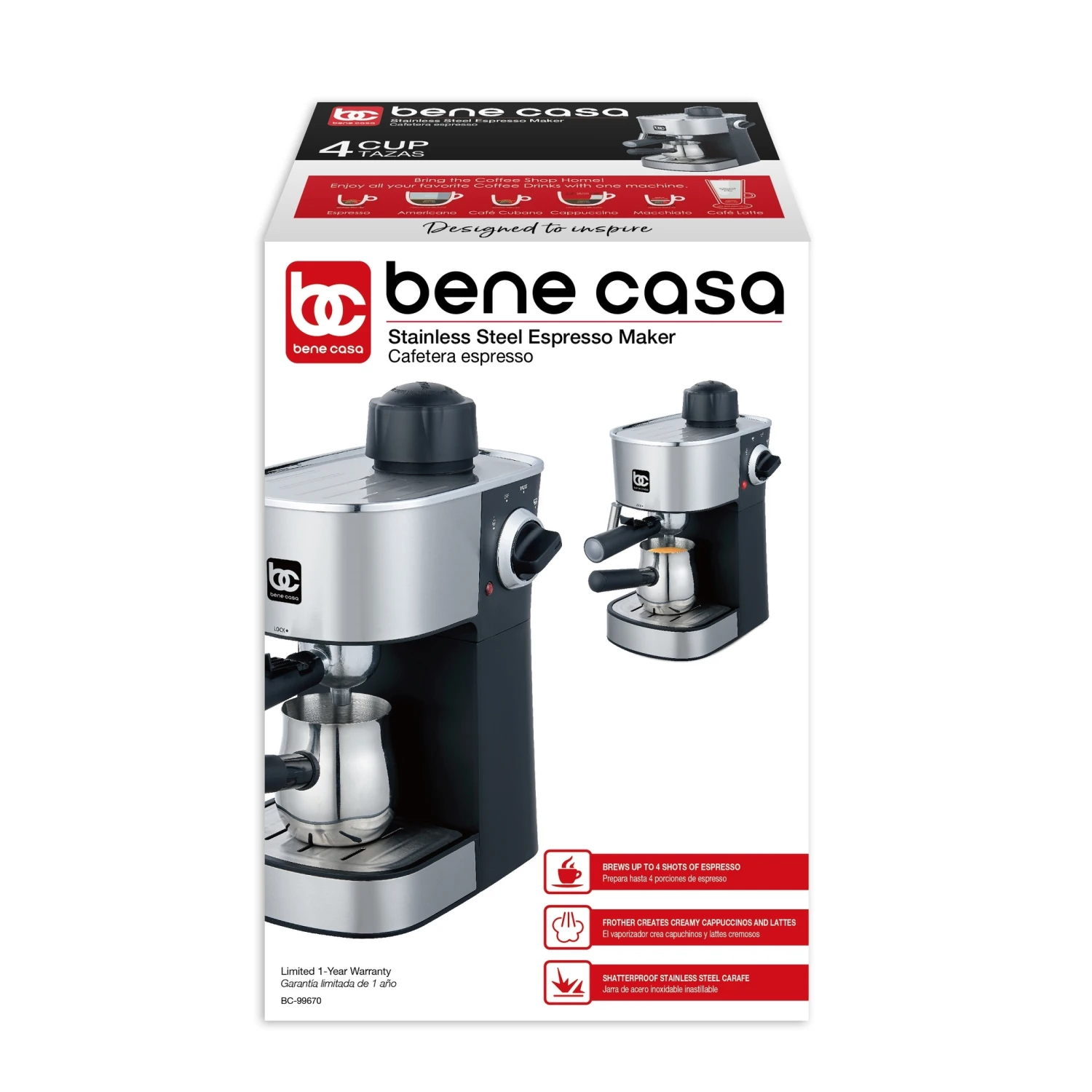 Bene Casa 4-cup Stainless-steel Espresso Maker With Steam Frother Function, Cappuccino Maker, - 4-Cup Steam Espresso 6 Bene Casa 4-cup Stainless-steel Espresso Maker With Steam Frother Function, Cappuccino Maker, - 4-Cup Steam Espresso - Afbeelding 4