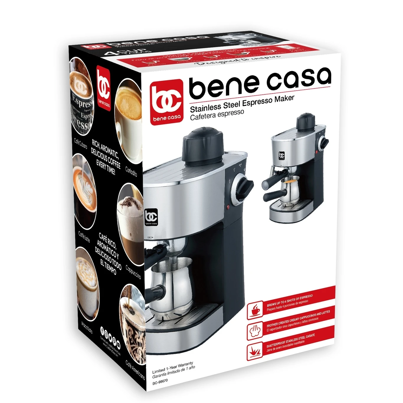 Bene Casa 4-cup Stainless-steel Espresso Maker With Steam Frother Function, Cappuccino Maker, - 4-Cup Steam Espresso 7 Bene Casa 4-cup Stainless-steel Espresso Maker With Steam Frother Function, Cappuccino Maker, - 4-Cup Steam Espresso - Afbeelding 5
