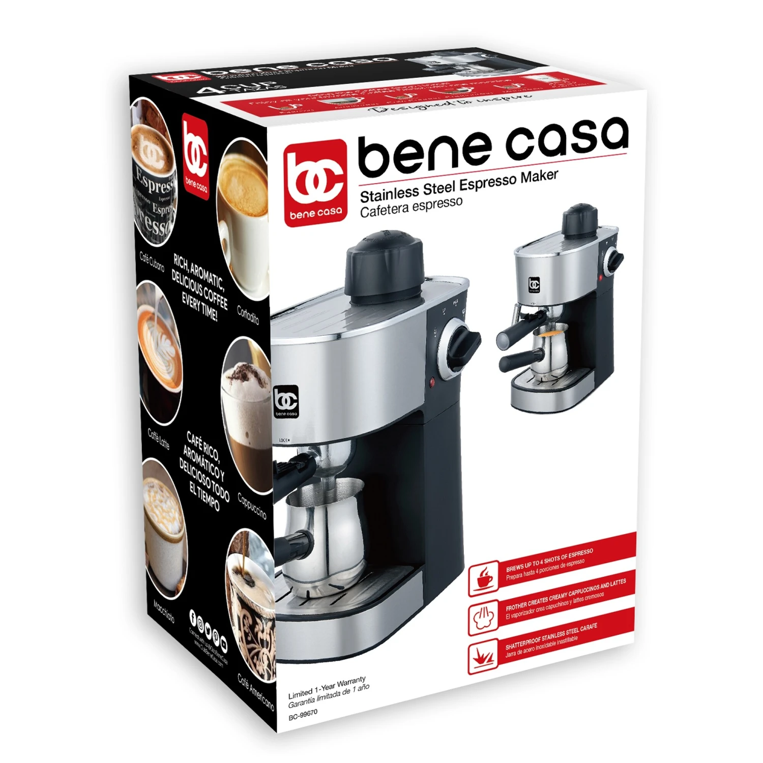 Bene Casa 4-cup Stainless-steel Espresso Maker With Steam Frother Function, Cappuccino Maker, - 4-Cup Steam Espresso 3 Bene Casa 4-cup Stainless-steel Espresso Maker With Steam Frother Function, Cappuccino Maker, - 4-Cup Steam Espresso