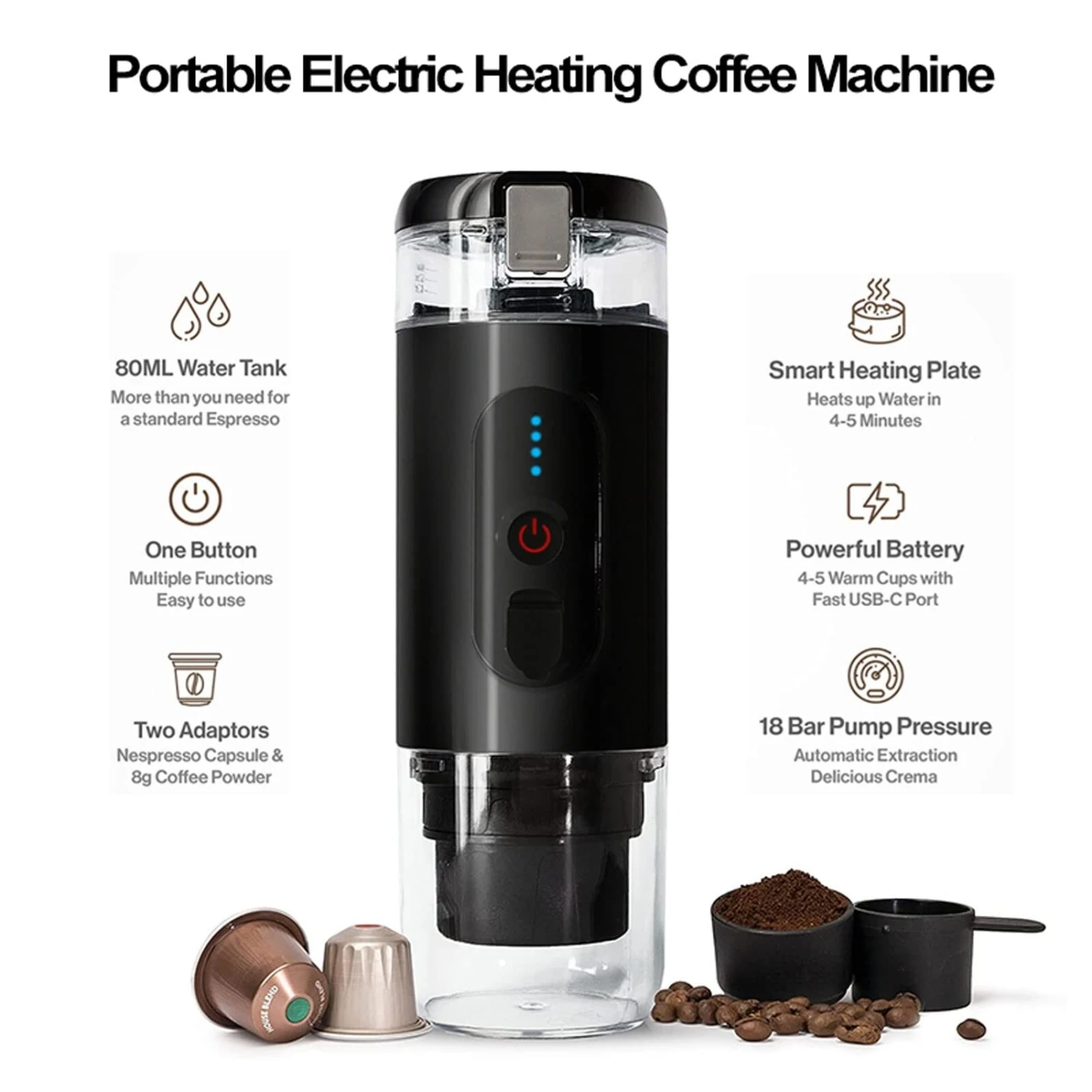 Coffee Maker, Usb Coffee Machine,Portable Mini Coffee Maker,2.8X2.8X8.7In,Easy Operation,18Bar Pump Pressure 8 Coffee Maker, Usb Coffee Machine,Portable Mini Coffee Maker,2.8X2.8X8.7In,Easy Operation,18Bar Pump Pressure - Afbeelding 6