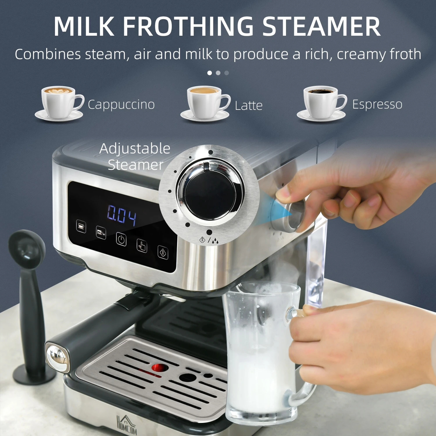 HOMCOM 1-2 Cup Stainless Steel Espresso Machine With Milk Frother Wand & Removable Water Tank, Coffee Gift 8 HOMCOM 1-2 Cup Stainless Steel Espresso Machine With Milk Frother Wand & Removable Water Tank, Coffee Gift - Afbeelding 6