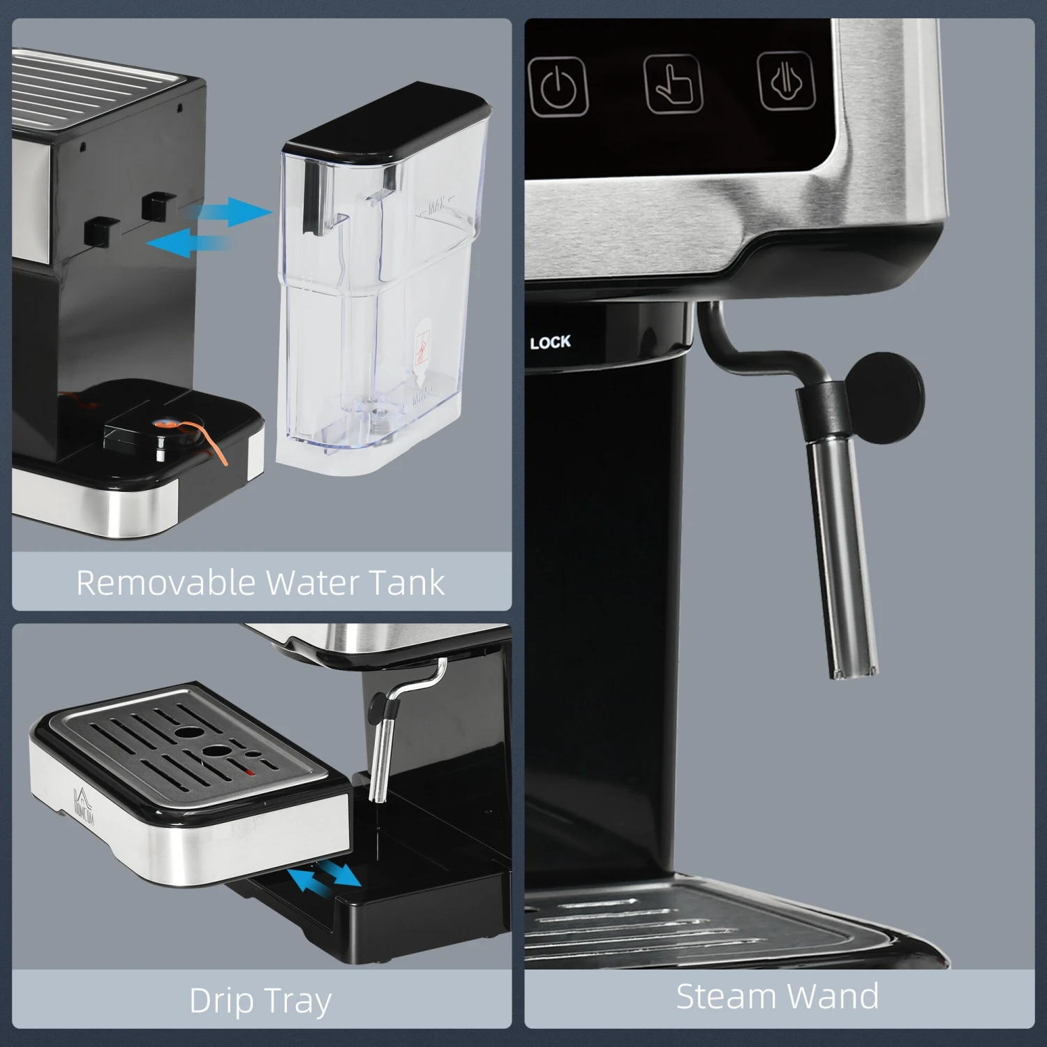 HOMCOM 1-2 Cup Stainless Steel Espresso Machine With Milk Frother Wand & Removable Water Tank, Coffee Gift 10 HOMCOM 1-2 Cup Stainless Steel Espresso Machine With Milk Frother Wand & Removable Water Tank, Coffee Gift - Afbeelding 8