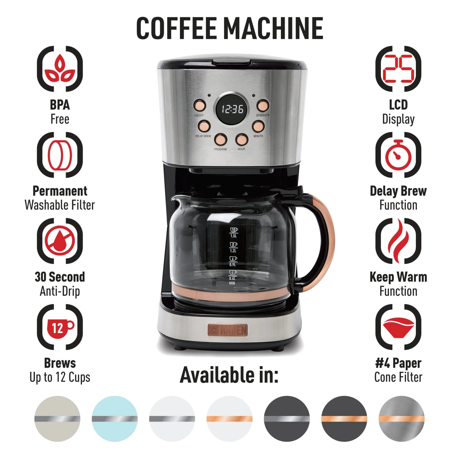 Haden Heritage 12-Cup Programmable Coffee Maker 19 Haden Heritage 12-Cup Programmable Coffee Maker - Afbeelding 17
