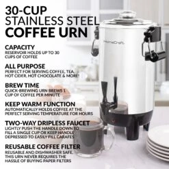 HomeCraft Quick-Brewing 1000-Watt Automatic 30-Cup Coffee Urn - Stainless Steel - 30 Cups - 30 Cups -Koffieproducten HomeCraft HCCU30SS Quick Brewing 1000 Watt Automatic 30 Cup Coffee Urn Stainless Steel 4