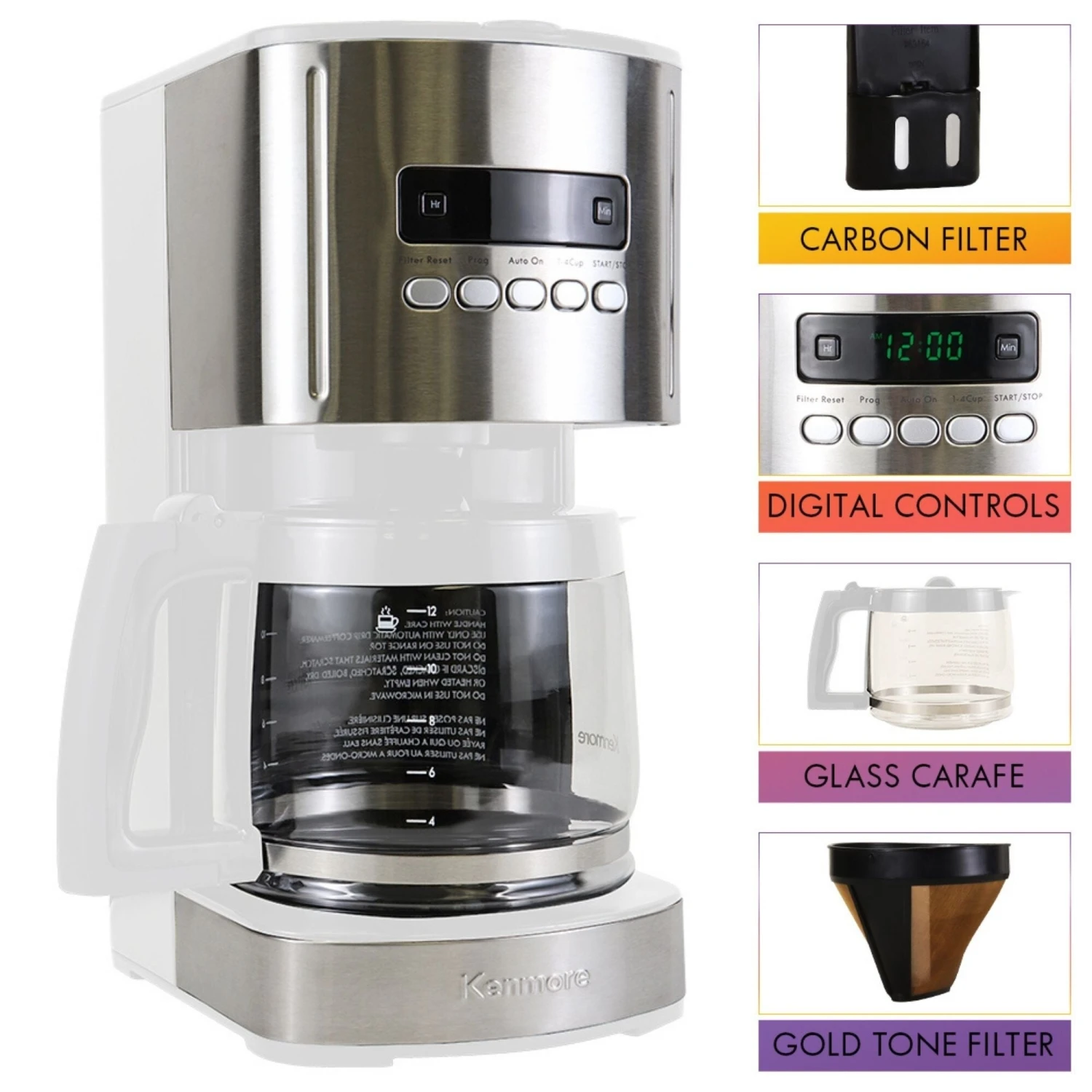 Kenmore Aroma Control 12-Cup Programmable Coffee Maker, White And Stainless Steel, Reusable Filter 6 Kenmore Aroma Control 12-Cup Programmable Coffee Maker, White And Stainless Steel, Reusable Filter - Afbeelding 4