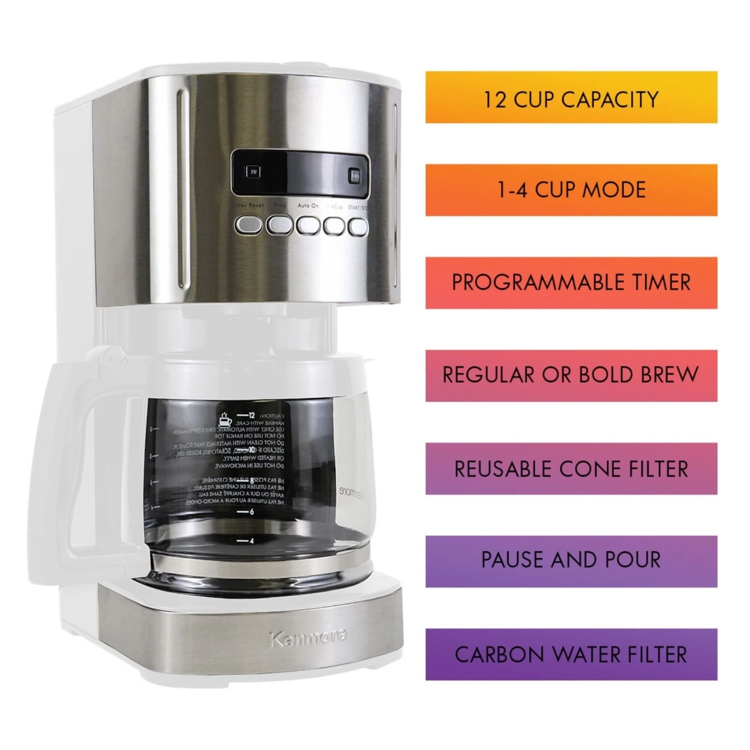 Kenmore Aroma Control 12-Cup Programmable Coffee Maker, White And Stainless Steel, Reusable Filter 10 Kenmore Aroma Control 12-Cup Programmable Coffee Maker, White And Stainless Steel, Reusable Filter - Afbeelding 8