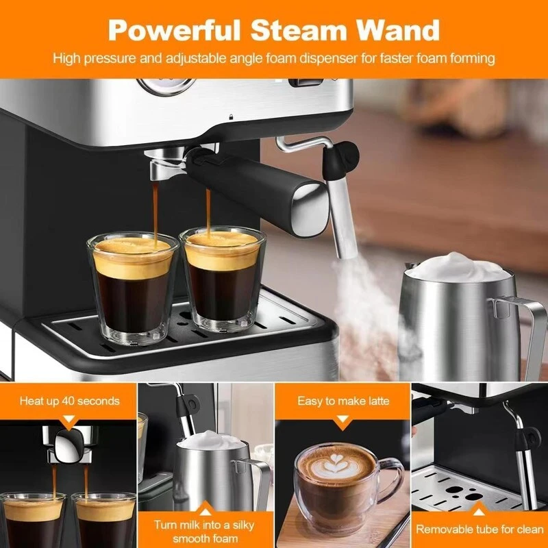 Stainless Steel Espresso Machine With Pressure Gauge And Milk Frother Steam Wand, 1.5L Water Tank 4 Stainless Steel Espresso Machine With Pressure Gauge And Milk Frother Steam Wand, 1.5L Water Tank - Afbeelding 2