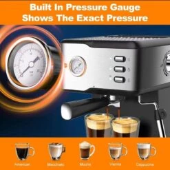 Stainless Steel Espresso Machine With Pressure Gauge And Milk Frother Steam Wand, 1.5L Water Tank 15 Stainless Steel Espresso Machine With Pressure Gauge And Milk Frother Steam Wand, 1.5L Water Tank -Koffieproducten Stainless Steel Espresso Machine with Pressure Gauge and Milk Frother Steam Wand2C 1.5L Water Tank 3